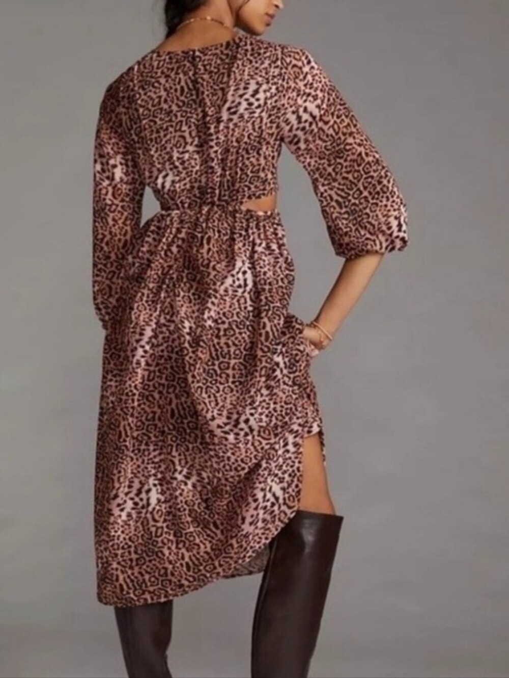 Anthropologie Ranna Gill Leopard Print Cutout Midi Dress Size Small Twist Front - Picture 2 of 16